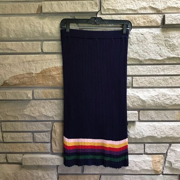 ModCloth Spirited Spectrum Navy Knit Skirt With Rainbow Stripes Pride Office XS - Picture 4 of 9